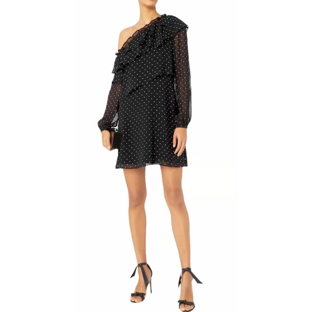 INTERMIX Juliette One Shoulder Ruffle Silk Polka Dot Mini Dress 23306